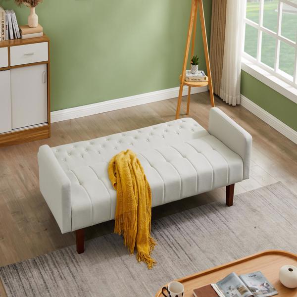 米色，亚麻布，可转换双人折叠客厅沙发床（桉木框架）-4