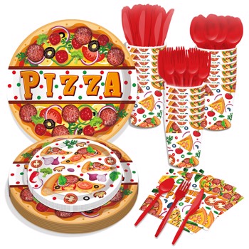 披萨餐盘彩色食品聚会餐盘和餐巾纸聚会用品生日一次性餐具套装聚会餐具为8位客人提供餐盘、餐巾纸、杯子68PCS