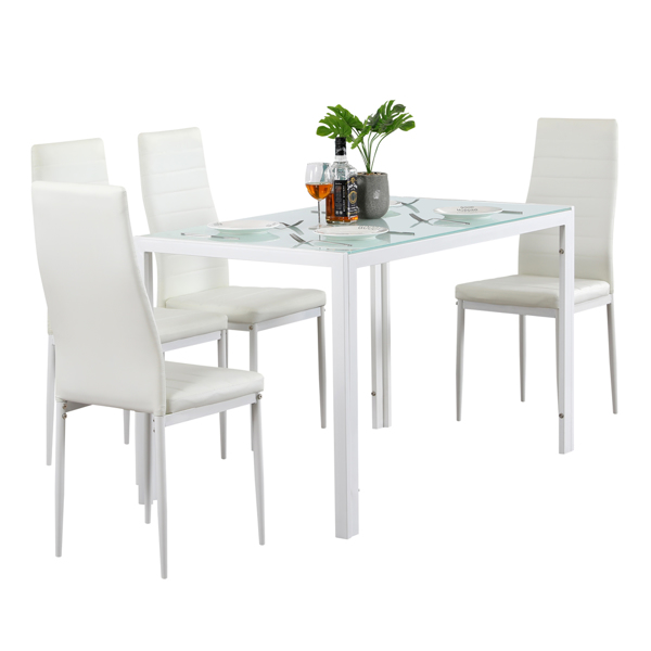 4pcs 高靠背横线餐椅 白色 + 简易餐桌玻璃桌面120*70*75CM 白色 餐桌椅套装（替换编码：76402543）-1