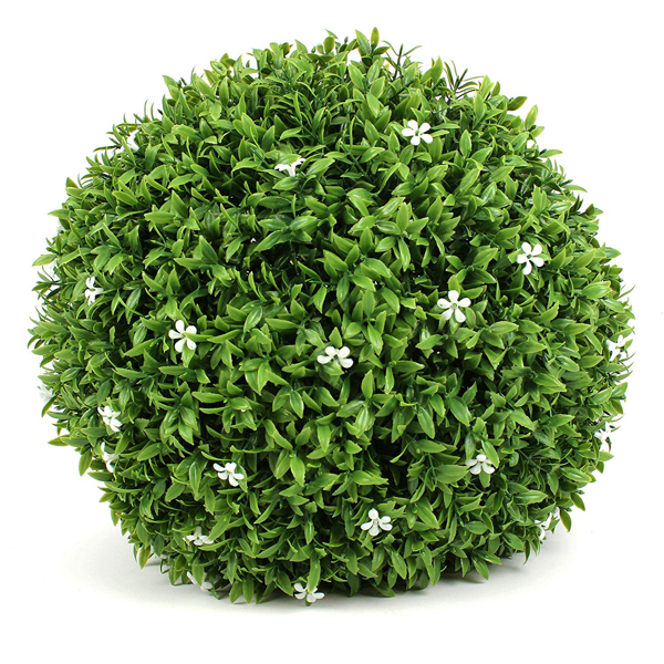 15英寸人造黄杨木植物，室内或室外装饰花园人造白花球状植物-2