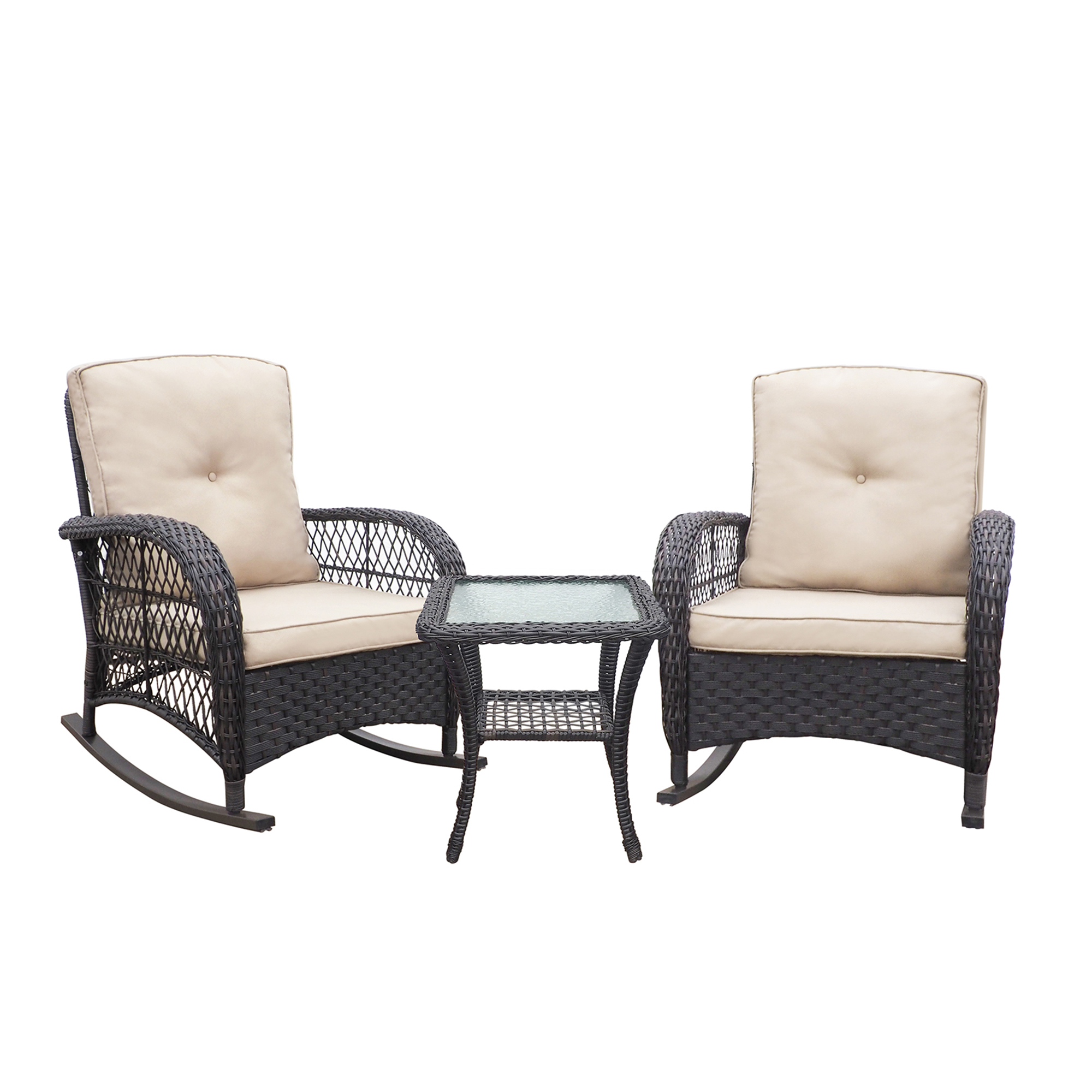 3 Piece Wicker Patio Rocker Sets, Rattan Rocking Furniture Set with Glass Table Dark Brown