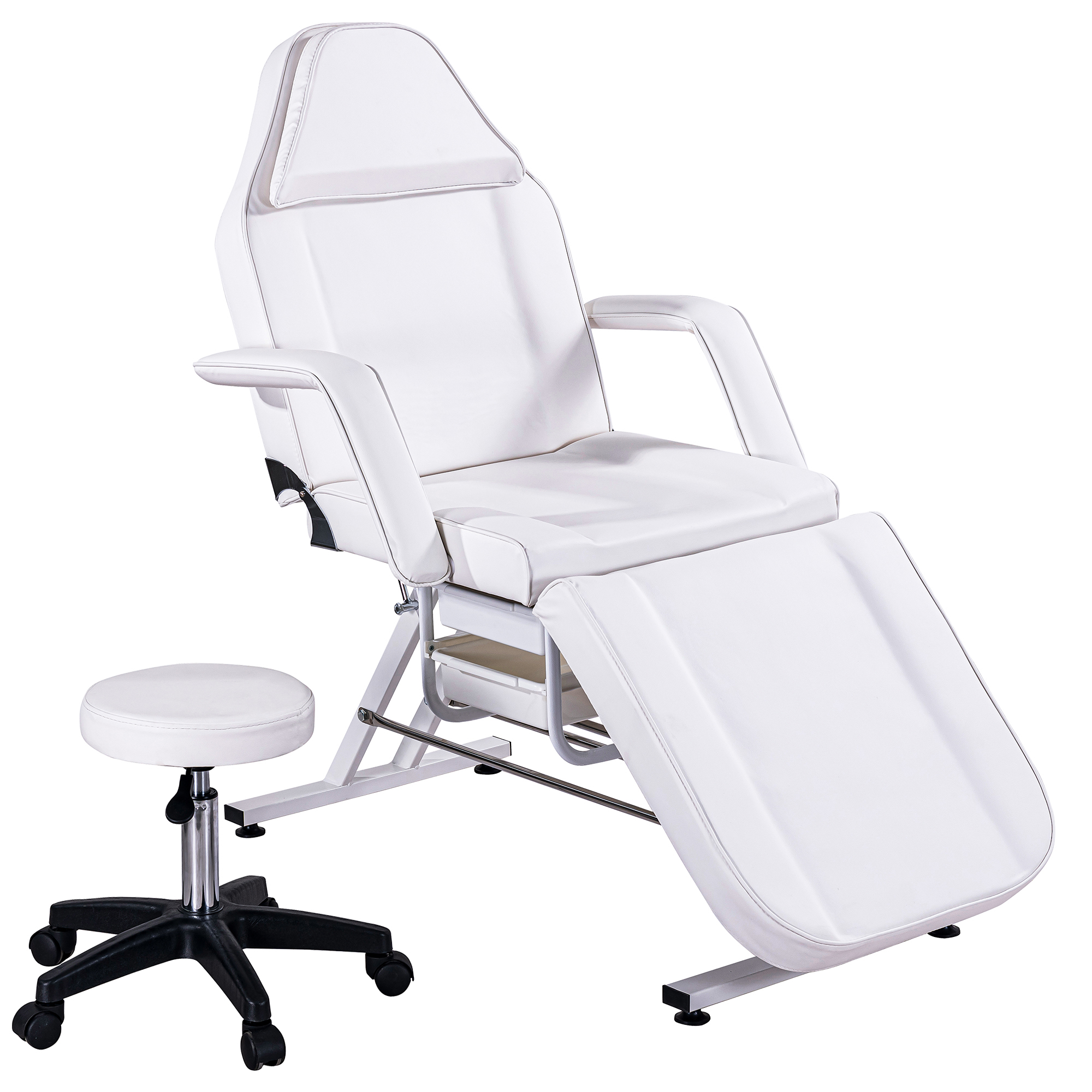 Massage Salon Tattoo Chair with Two Trays Esthetician Bed with Hydraulic Stool, Multi-Purpose 3-Section Facial Bed Table,  Adjustable Beauty Barber Spa Beauty Equipment, White