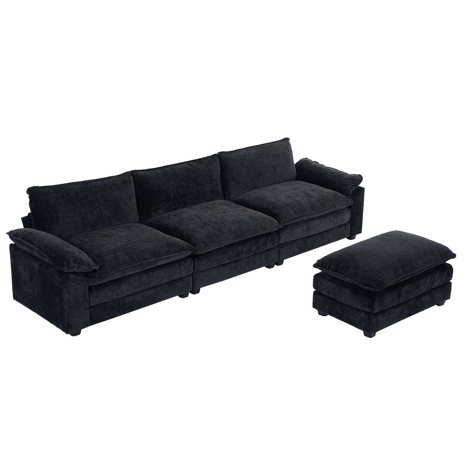 305*141*85 Chenille 3-Seater With Footstool Double Bag Indoor Modular Sofa Black