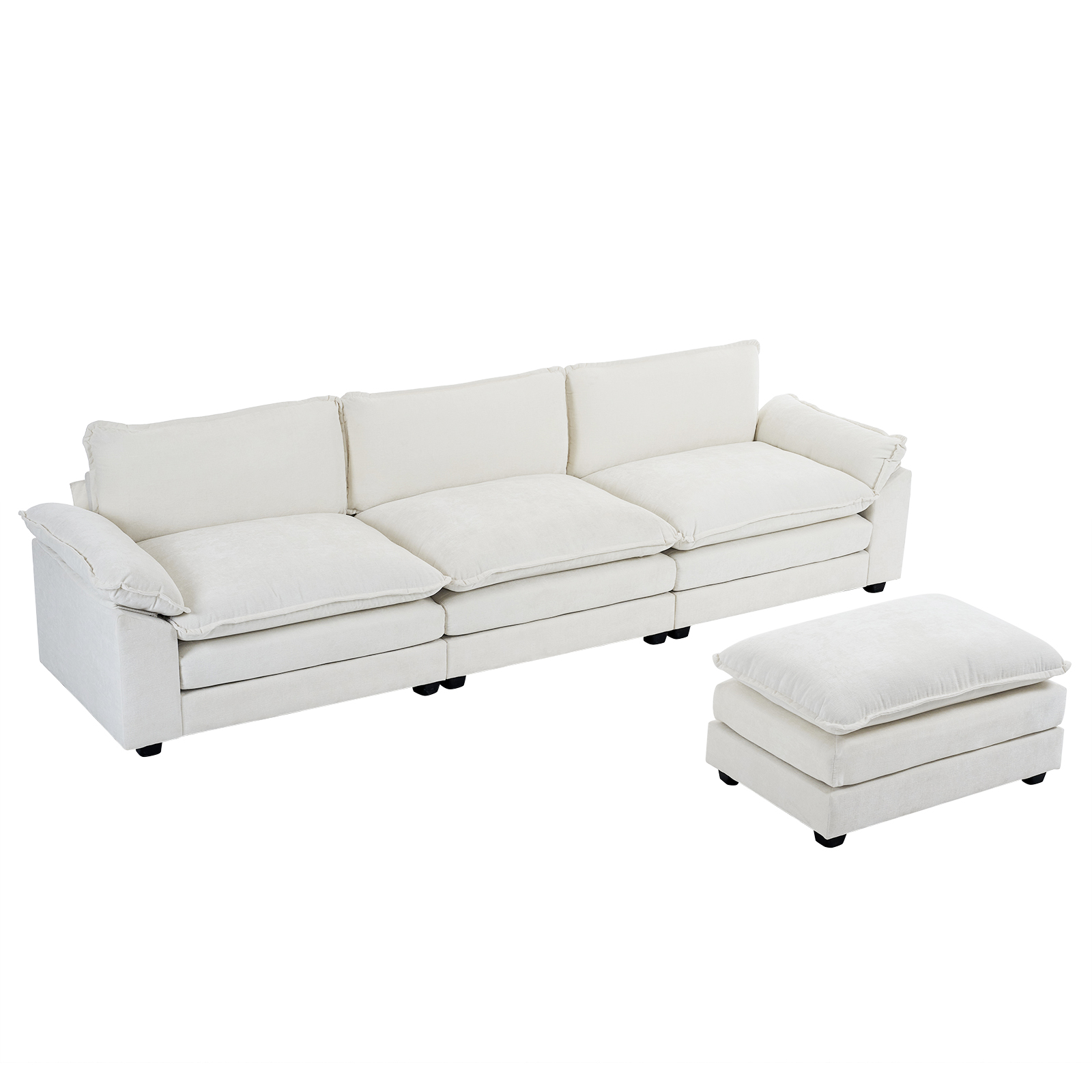 305*141*85 Chenille 3-Seater With Footstool Double Bag Indoor Modular Sofa Off White