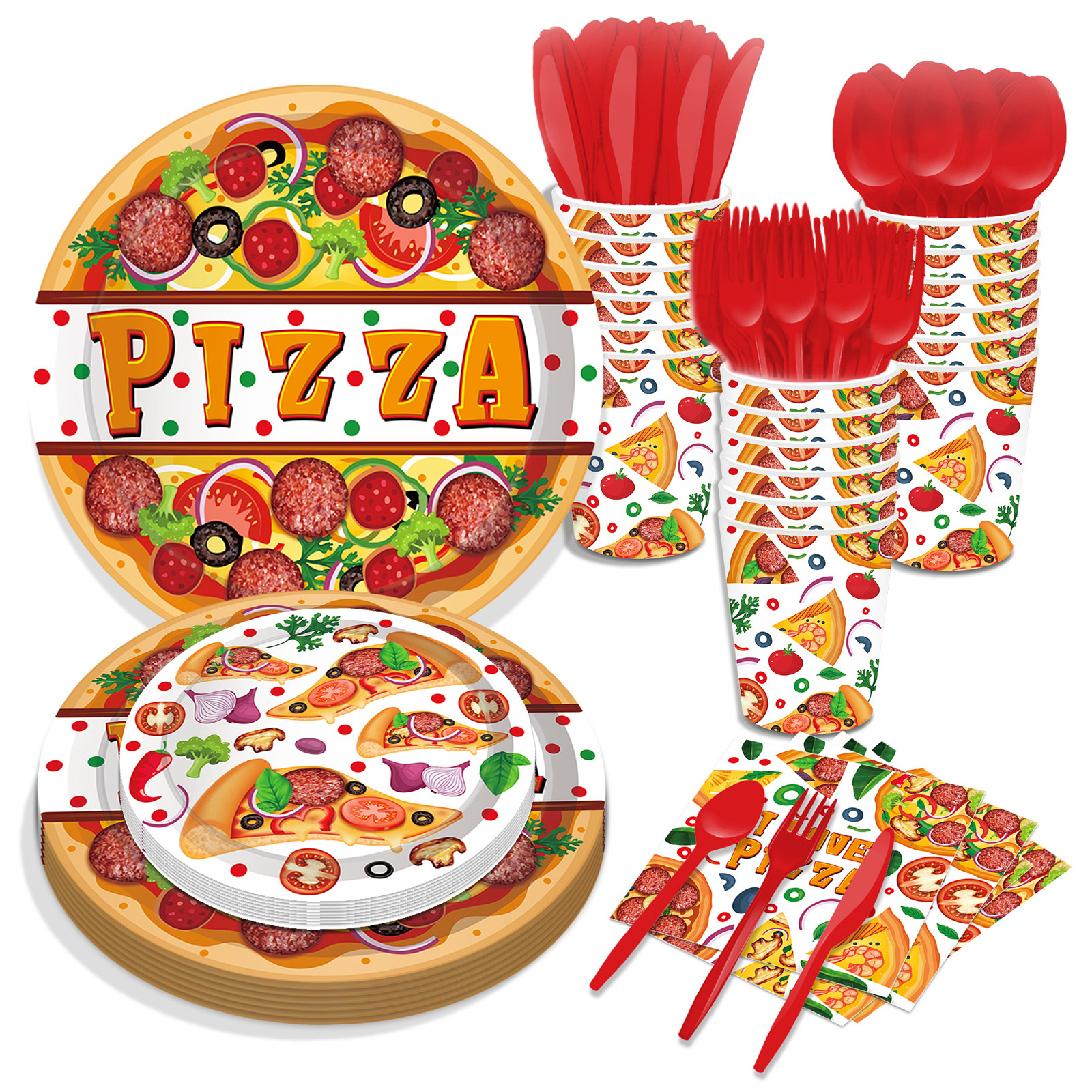 Pizza Paper Plates Color Food Party Plates and Napkins Party Supplie Birthday Disposable Tableware Set Party Dinnerware Serves 8 Guests for Plates, Napkins, Cups 68PCS