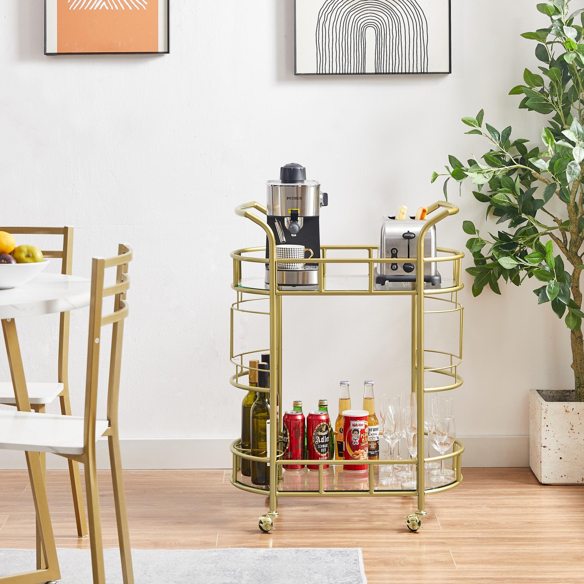 Gold, Iron Frame(Electroplating), Mobile glass dining cart easy to clean