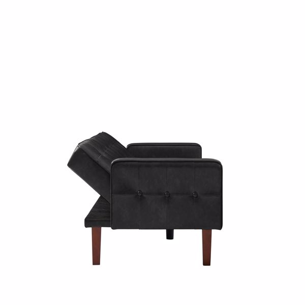 黑色双人可折叠客厅沙发床，PU皮革，实木框架，木脚可拆卸-8