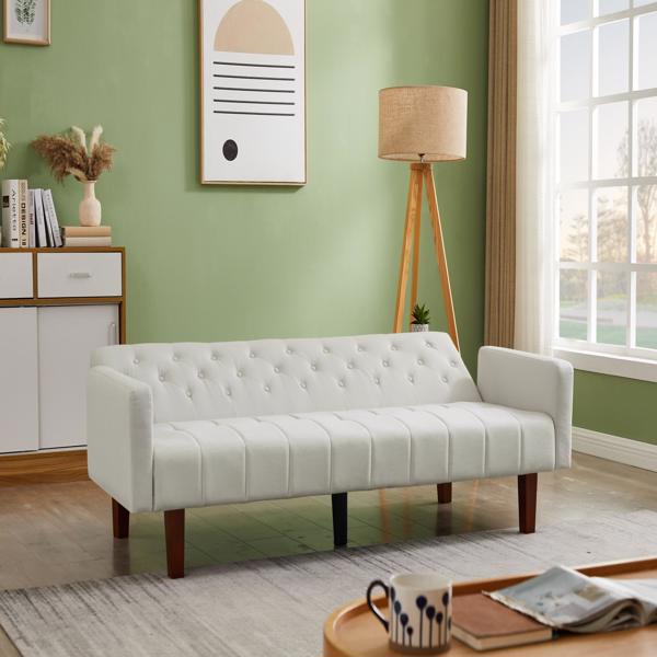 米色，亚麻布，可转换双人折叠客厅沙发床（桉木框架）-3
