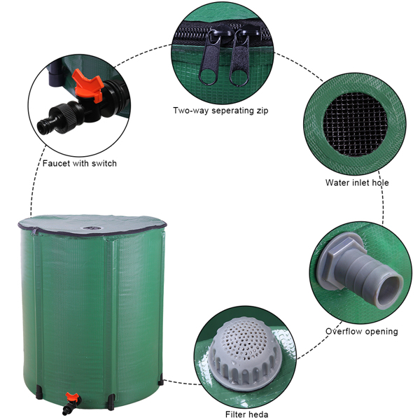  50Gallon 绿色 PVC 集雨桶 60*60*70cm 圆柱形 庭院 欧洲 N001-12