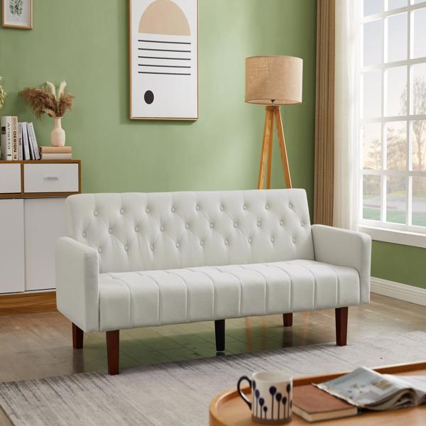 米色，亚麻布，可转换双人折叠客厅沙发床（桉木框架）-2