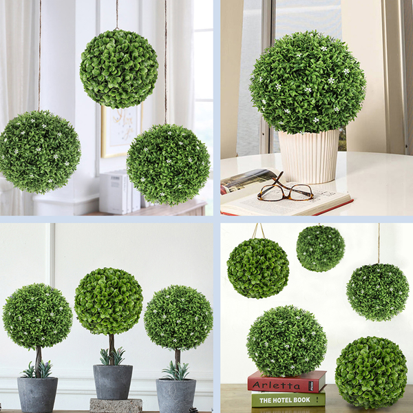 15英寸人造黄杨木植物，室内或室外装饰花园人造白花球状植物-4