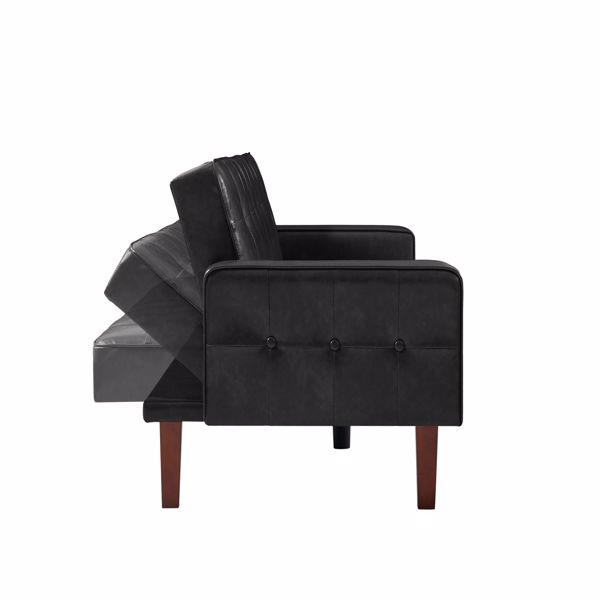 黑色双人可折叠客厅沙发床，PU皮革，实木框架，木脚可拆卸-6