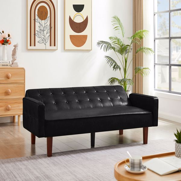 黑色双人可折叠客厅沙发床，PU皮革，实木框架，木脚可拆卸-3