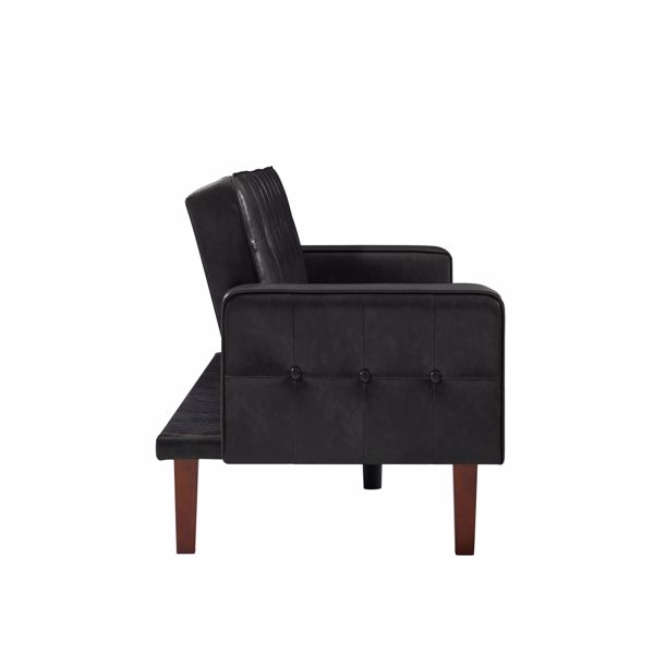 黑色双人可折叠客厅沙发床，PU皮革，实木框架，木脚可拆卸-7