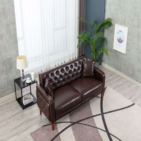 棕色Pu皮革海绵拉扣沙发，室内沙发，实木框架，木脚可拆卸-3