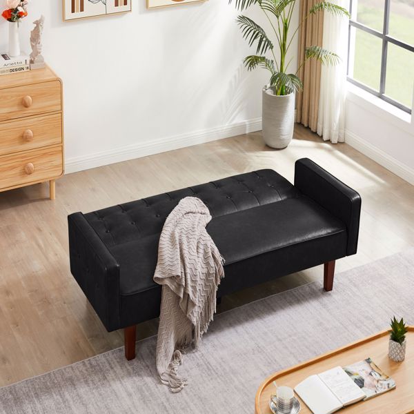 黑色双人可折叠客厅沙发床，PU皮革，实木框架，木脚可拆卸-4
