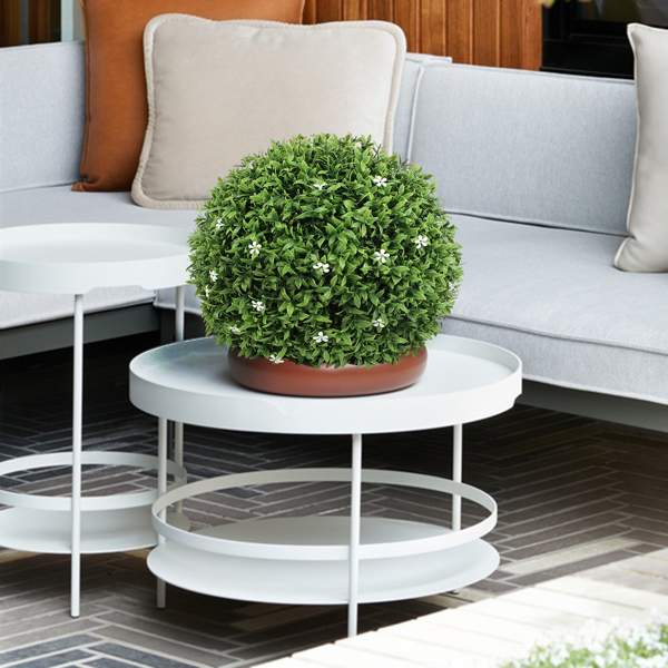 15英寸人造黄杨木植物，室内或室外装饰花园人造白花球状植物-1