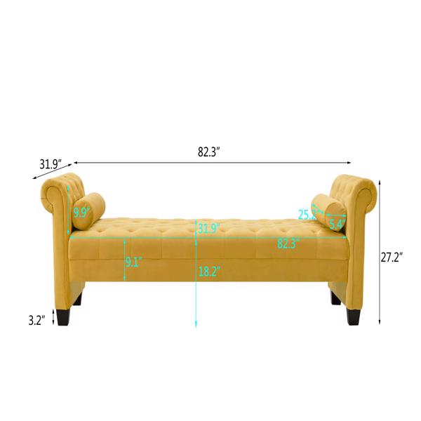 黄色，实木腿天鹅绒长方形沙发凳，附带圆柱形抱枕-12