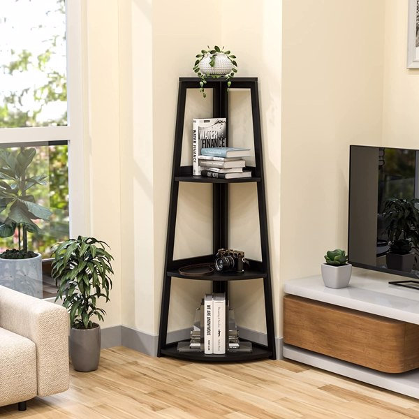 Corner Shelf, 4 Tier Bamboo Corner Bookshelf, 47.2 Inch Tall Bookcase, Open Ladder Book Case, Modern Bookshelf Stand in Living Room, Bedroom, Office, Kitchen, Balcony, Black-6