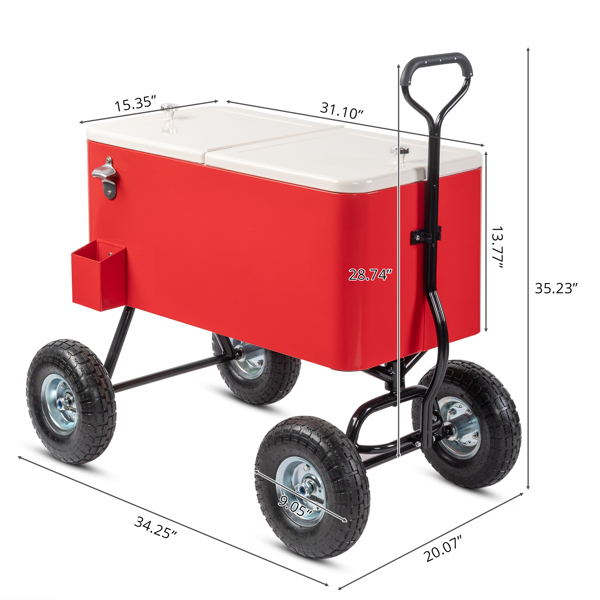  80QT 奶白色盖子 红色箱体 冷冻保温推车 87*51*89.5cm 长方形 塑料箱体 充气轮 带排水管 N001-8