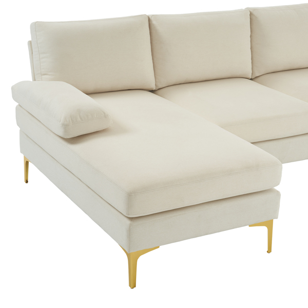 U型 4人位 室内组合沙发 座框木架 靠背铁架 金色脚 麻布 280*130*85 米白色-12