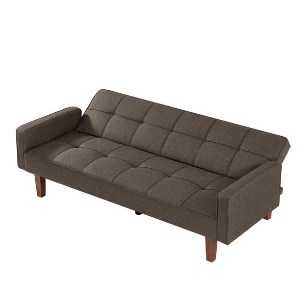 棕色亚麻布沙发床，带扶手的可转换睡床沙发，实木脚和塑料中脚-10