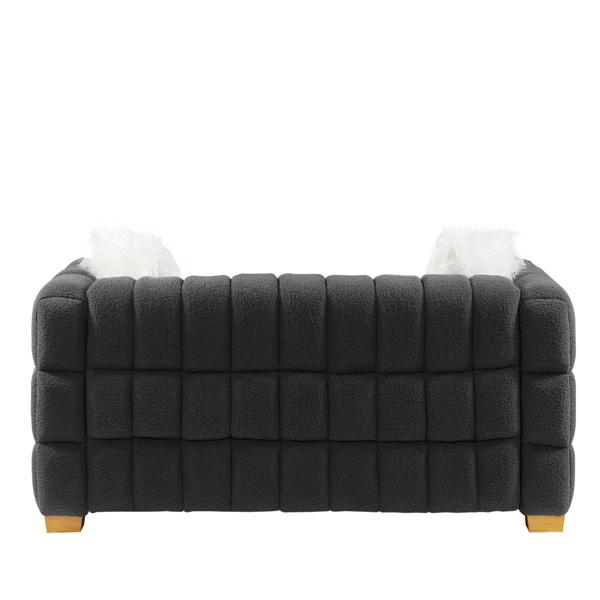 （灰色）宽方形扶手泰迪绒布长方形沙发，2个抱枕-11