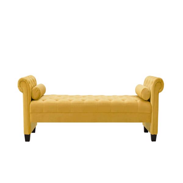 黄色，实木腿天鹅绒长方形沙发凳，附带圆柱形抱枕-8