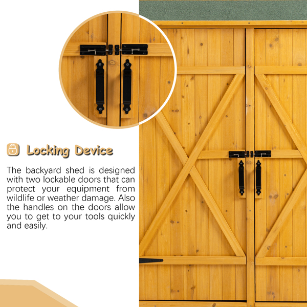 户外储物棚带可上锁门，木制工具储物棚带可拆卸架子和沥青屋顶，自然色-5