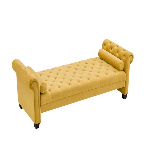 黄色，实木腿天鹅绒长方形沙发凳，附带圆柱形抱枕-10