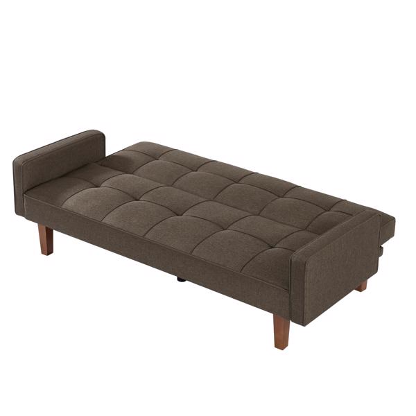 棕色亚麻布沙发床，带扶手的可转换睡床沙发，实木脚和塑料中脚-11