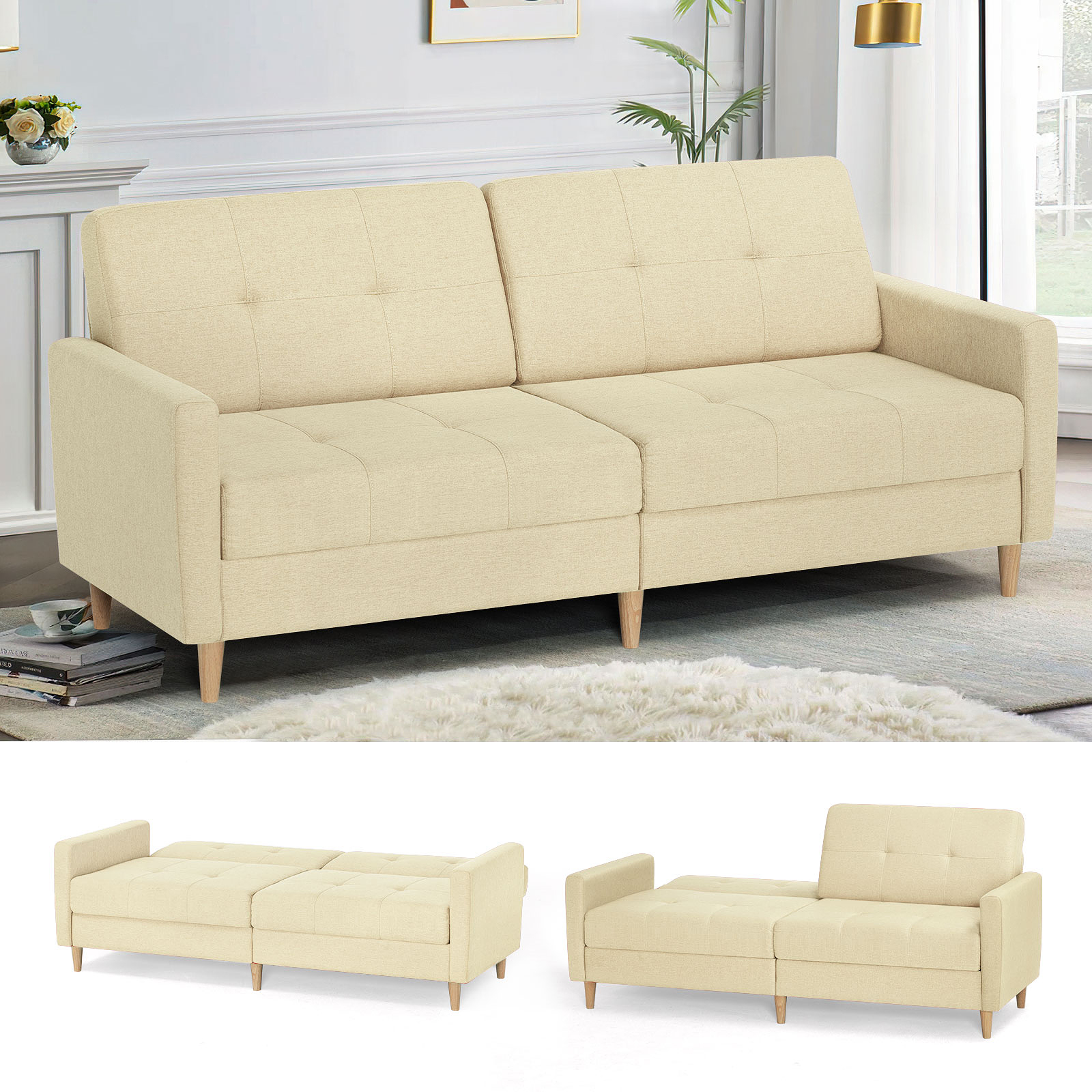  Linen Fabric Sofa Bed With Adjustable Backrest And Wooden Legs, Mordern Convertible Loveseat Couch For Your Living Room, Apartment, Office, Beige