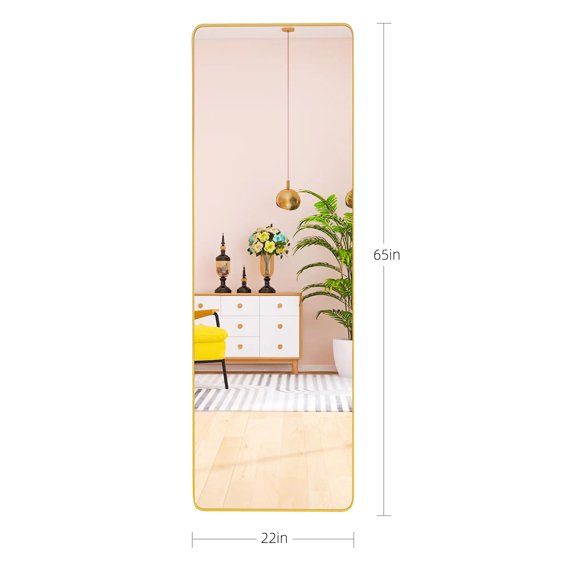 square rounded corners  Full Length Mirror Floor Mirror , Bedroom Mirror ，Dressing Mirror with Gold Aluminum Alloy Frame，65" x 22"