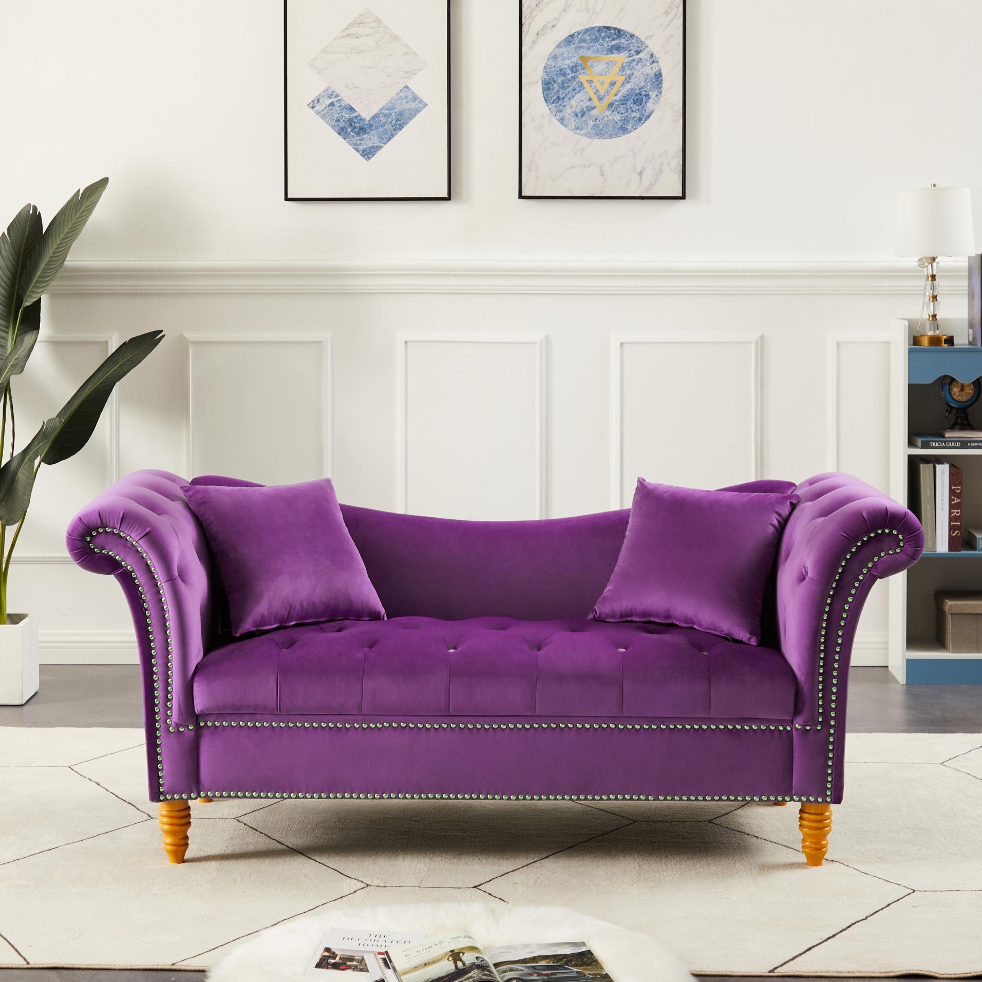 Velvet Sofa Stool with 2 Pillows in Purple