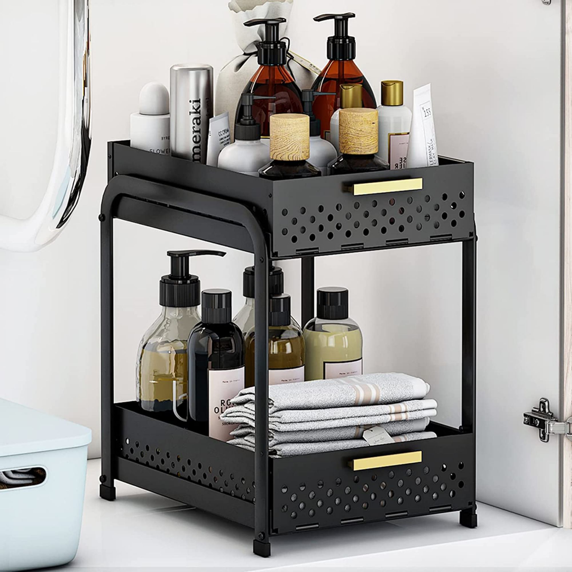 Double layer pull-out sink lower storage rack Kitchen counter lower storage cabinet Bathroom cabinet lower storage cabinet rack Sliding basket storage rack Cosmetics storage cabinet Black