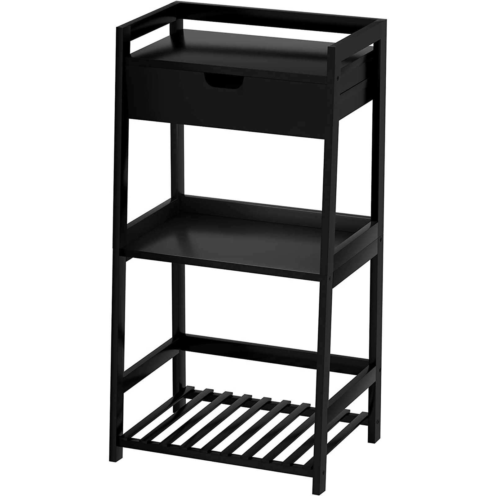 Bathroom Shelves, 3 Tier Ladder Shelf with Drawers, Bamboo Nightstand Open Shelving, Bookshelf Bookcase End Table Plant Stand for Living Room, Bedroom, Bathroom, Kitchen(Black)