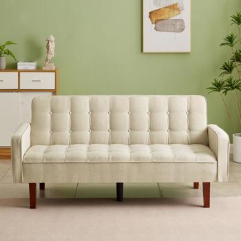 亚麻布被褥沙发床 73.62 英寸布艺软垫可转换沙发床，简约风格，适用于客厅、卧室。