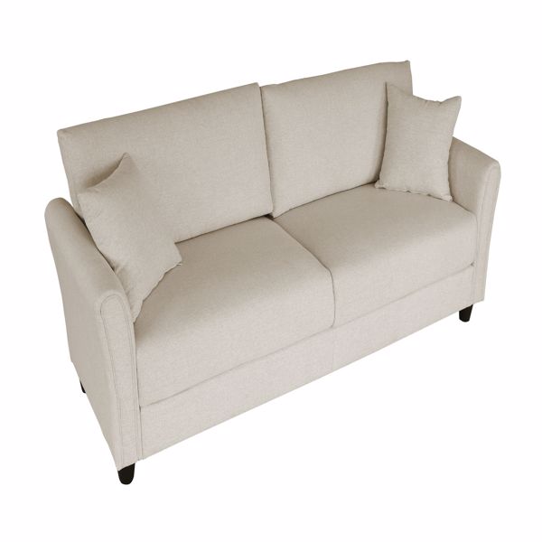 米白色麻布，三人室内沙发，带两个抱枕，实木框架，塑料脚-2