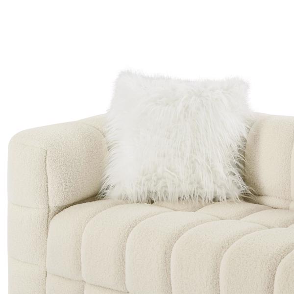 (Beige) Wide Square Arm Teddy Velvet Rectangular Sofa, 2 Pillows-11