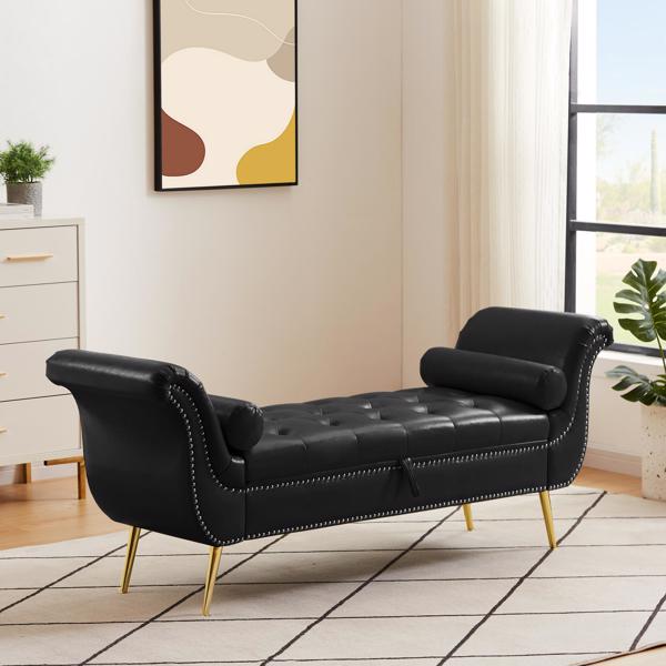 黑色, PU皮革,金属脚软垫长椅卧室休闲长椅翻盖储物沙发凳-3
