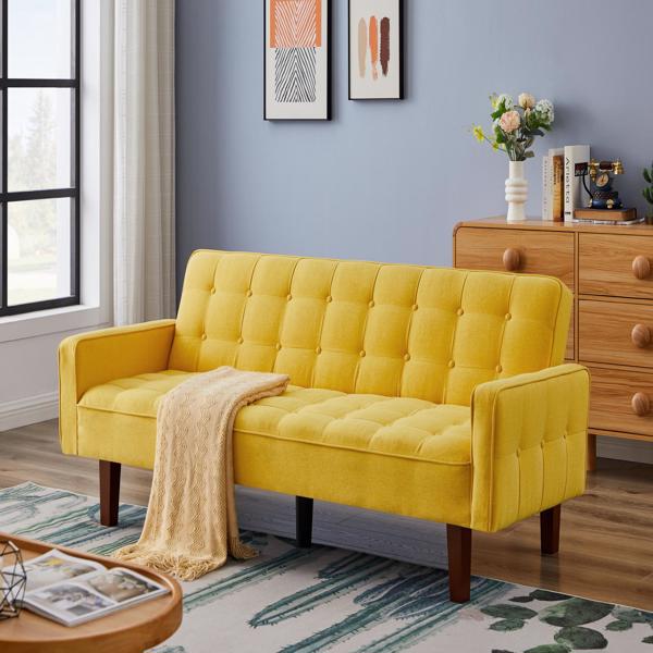 黄色，亚麻布被褥沙发床 73.62 英寸布艺软垫可转换沙发床，简约风格，适用于客厅、卧室。-13