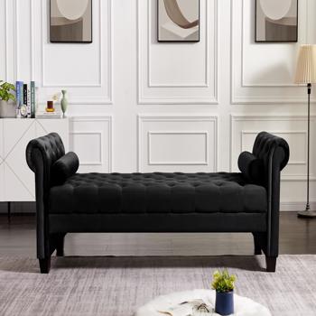 黑色，实木腿天鹅绒长方形沙发凳，附带圆柱形抱枕