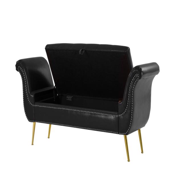 黑色, PU皮革,金属脚软垫长椅卧室休闲长椅翻盖储物沙发凳-7