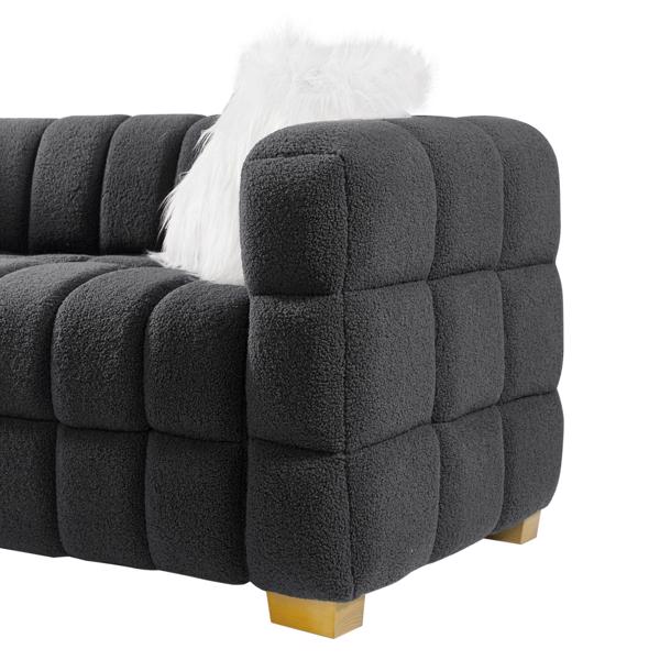 （灰色）宽方形扶手泰迪绒布长方形沙发，2个抱枕-9
