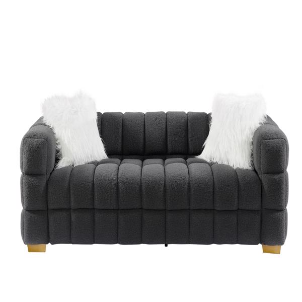 （灰色）宽方形扶手泰迪绒布长方形沙发，2个抱枕-6