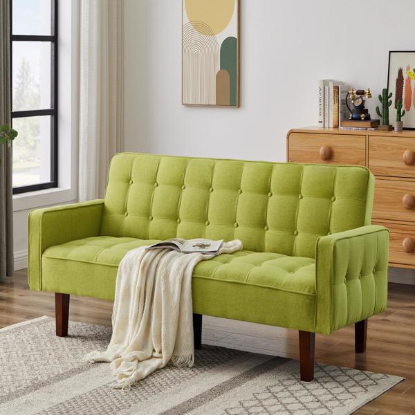 绿色，亚麻布被褥沙发床 73.62 英寸布艺软垫可转换沙发床，简约风格，适用于客厅、卧室。-2
