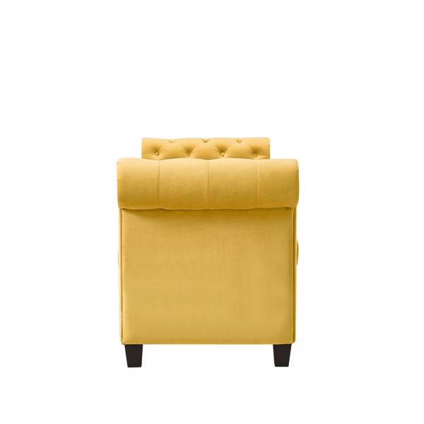 黄色，实木腿天鹅绒长方形沙发凳，附带圆柱形抱枕-11