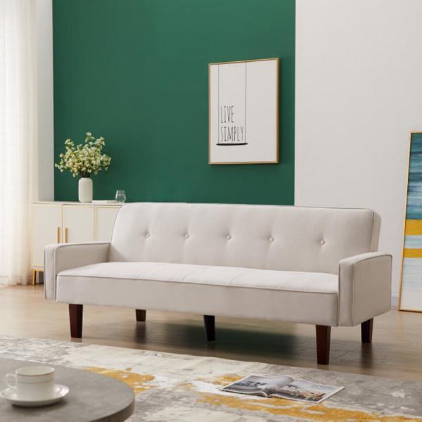 米白色沙发床，现代亚麻沙发，带扶手的可转换睡床沙发，实木脚和塑料中脚-2