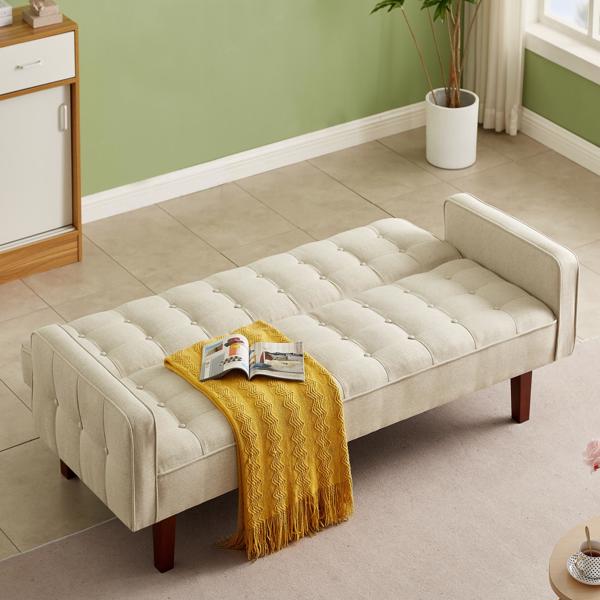 米色，亚麻布被褥沙发床 73.62 英寸布艺软垫可转换沙发床，简约风格，适用于客厅、卧室。-3