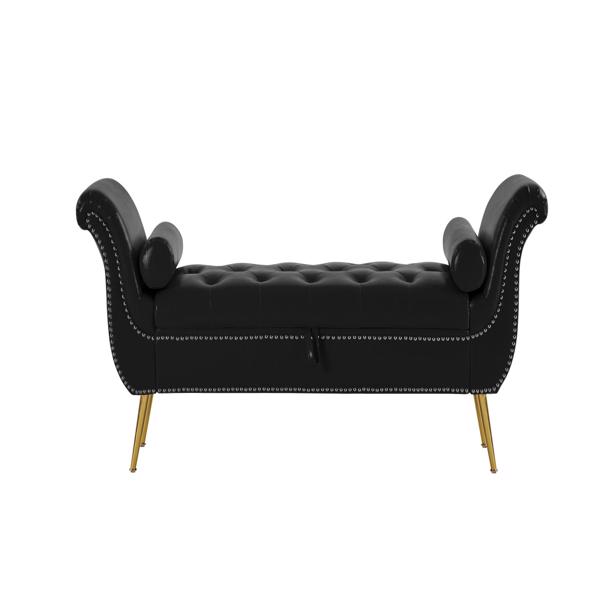 黑色, PU皮革,金属脚软垫长椅卧室休闲长椅翻盖储物沙发凳-5